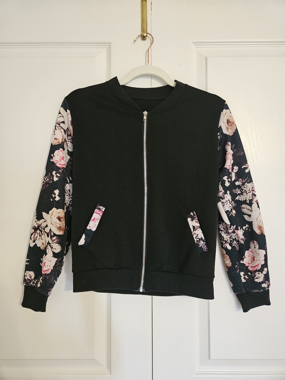 Black Floral-Sleeve Bomber Jacket - Women